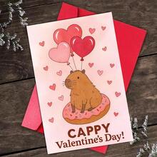1 Cute Capybara Valentine's Day Card With Heart Balloon - Pink And Red Macaron Design, "Happy Valentine's Day" Text With Envelope, Perfect For Couples, Friends And Lovers, Romantic Greeting Cards | Fun Designs | Decorative Envelopes - 紅色 - 查看 6