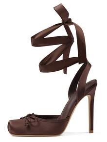 Ballet High Heels For Women Square Toe Satin Mary Janes Lace Up Heels Elegant Ballerina Stiletto Heels With Bow Party Dancing Shoes For Women - màu nâu - Xem 2