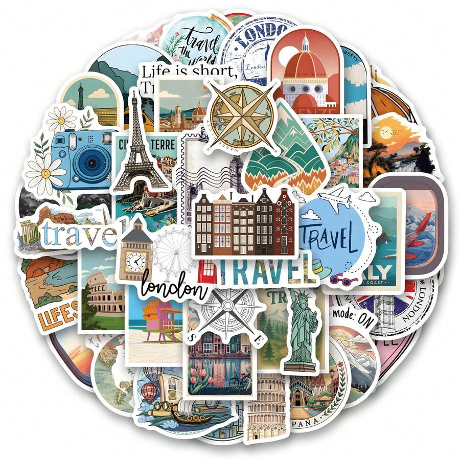 61pcs Travel Vinyl Stickers, Beautiful And Practical, Suitable For Scrapbooks, Diaries, Bumpers, Skateboards, Water Bottles, Helmets, Water Cups, Car Stickers, Etc. - Multicolor - View 1