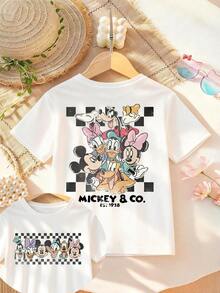 Disney Apparel Featuring A Classic Mickey Mouse And Friends Double-Sided Cartoon Print On A Girls' T-Shirt. This Soft, Breathable Short-Sleeve Crew Neck Tee Is Perfect For Spring And Summer Wear, Ideal For Everyday Outfits, Vacation Leisure, Outdoor Adventures, School Life, And Shopping Trips. It Also Makes An Excellent Gift For Boys And Girls Alike. Every Child Deserves One.