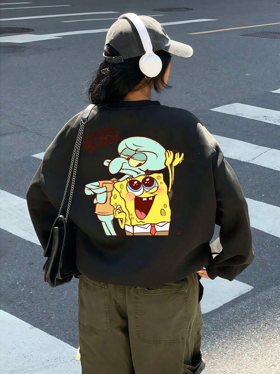 SpongeBob SquarePants 2025 Herbst/Winter Neuheit: Oversized Raglanärmel Unisex Sweatshirt mit witzigem Spongebob Buchstabe Muster. Dieses erschwingliche und bequeme Langarm-Baumwollmischungs-Top hat ein weiches und gemütliches Gefühl. Ob für Lässig, Urlaub, täglichen Street-Style oder Y2K Akademie, dieses vielseitige Teil ist eine ideale Wahl für Schule, Training und den Alltag. - Schwarz - Übersicht 1