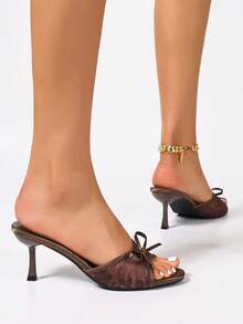 Sandal cao gót hở mũi thoáng khí bằng vải lưới dành cho nữ, kiểu dáng tối giản đa năng với nơ thắt, màu cà phê, hàng mới về mùa hè. - Lưới đôi màu nâu - Xem 9