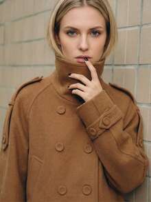 优雅纯色驼色双排扣呢大衣，低调奢华羊毛短款外套，配肩章，时尚春秋冬装 - 棕色 - 查看 3