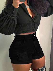 Women's Stretchy Mid-Rise Distressed Slim-Fit Denim Shorts - Functional Pockets Slimming Comfort Daily Casual Edgy Shorts - Black - View 5