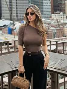 Women's Brown Asymmetric One Shoulder Ruched Top For Summer Beach Vacation Slim Fit Simple Tops - Brown - View 9