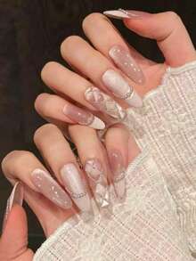 10pcs Rhombus French Pearl Pink Cat Eye Bow Handmade Acrylic Press-On Nails, Shiny Rhinestone Decor Short Coffin/Long Oval French Fake Nails For Spring/Summer, Full Coverage Nail Tips With Jelly Gel And Nail File, DIY Manicure Supplies Handmade Press On Nails - Pink - View 3