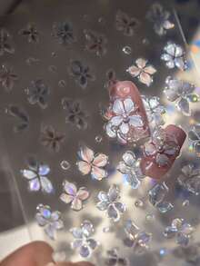 1片果冻梦幻花朵渐变蓝粉盛开空灵5D美甲贴纸自粘按压式美甲贴，适合女性，梦幻美甲装饰，美甲用品 - 彩色 - 查看 1
