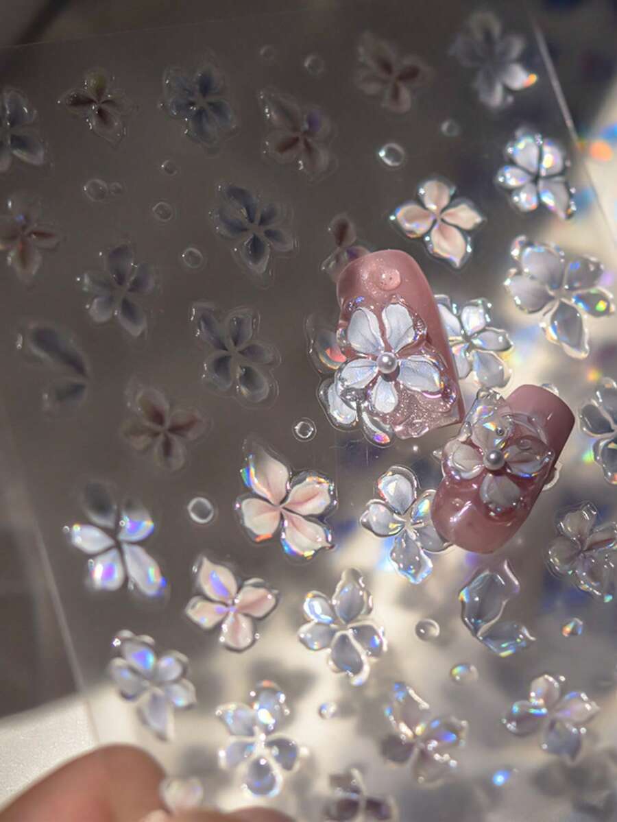 1片果冻梦幻花朵渐变蓝粉盛开空灵5D美甲贴纸自粘按压式美甲贴，适合女性，梦幻美甲装饰，美甲用品 - 彩色 - 查看 1