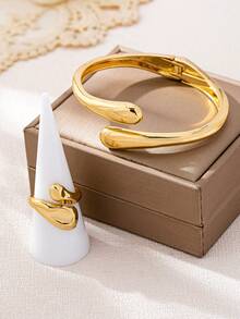 2件套情人节时尚个性化精致甜美金色水滴手链和几何蛇皮戒指首饰套装（女士款） - 金黃色 - 查看 2