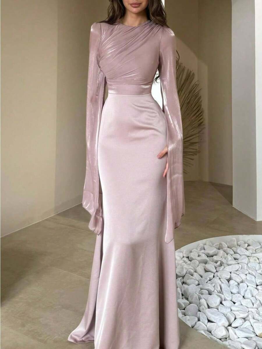 Women's Long-Sleeved Bodycon Dress Elegant Round Neck Pleated Batwing Sleeve Dress Cocktail Party Formal Evening Ball Gown Slim Fit Long Skirt Waist Cinched Dress Gift For Valentine's Day And Graduation Party Birthday Celebrations Concert Hoing Out Outfit - 粉色 - 查看 1