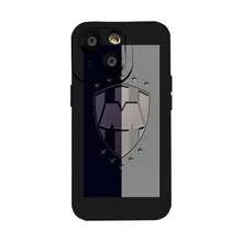 Escudo de fútbol con estrellas sobre fondo bicolor. Esta elegante funda es compatible con los modelos  17, 16, 15, 14 Pro Max, 13, 12, 11, XR y XS Plus. Fabricada en TPU flexible, resistente a golpes y arañazos, ofrece una excelente protección contra caídas y un agarre cómodo. Es un regalo ideal para familiares, amigos y seres queridos, y una opción perfecta para festivales. - Negro - Ver 2