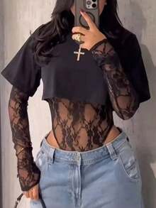 Women's Sheer Lace Short Sleeve Crop Top, Solid Color Lace Patchwork See-Through Bodysuit Daily Wear, Dating, Single Party, Stage Performance, Spring/Summer ID2I - màu đen - Xem 6