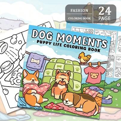 24 trang - 130g, Sách tô màu cuộc sống thường nhật của những chú cún con dễ thương, giấy mềm mại, phong cách ngọt ngào thư giãn, họa tiết cảnh ngoài trời của cún con, tông màu xanh lá cây và hồng, bao gồm chi tiết lều in dấu chân, tô màu giúp giảm căng thẳng, thích hợp làm văn phòng phẩm, đồ dùng học tập, thích hợp làm quà tặng cho bé gái.