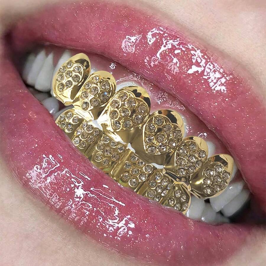 1 Set Personalized 6-Tooth Rhinestone Heart Upper & Lower Teeth Grillz, Unisex Fashion Hip Hop Teeth Jewelry For Daily Wear