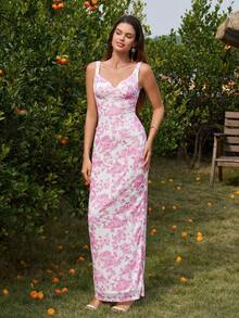 PARTHEA Women's Sleeveless Pink Black Floral Print Straps Cami Maxi Dress Elegant Ruched Slit Backless Design High Stretch Long Party Wear - Pink - View 5