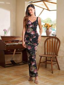 PARTHEA 女士无袖粉黑印花吊带长裙，优雅褶皱开衩露背设计，高弹力长款派对礼服 - 黑色 - 查看 4