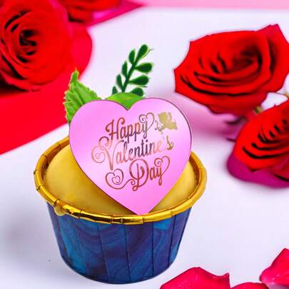 6 Pieces Happy Valentine's Day Gold Deep Pink Acrylic Simple Heart Shape Cake Decoration Valentine's Day Party Supplies