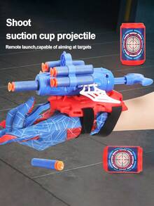1set Interactive Plastic Hero Web Shooter Toy Set (Includes Glove & Soft Bullets), Cartoon Red & Blue Spider Pattern Wrist-Mounted Shooting Function Cosplay Prop For Kids Halloween Christmas Birthday Party Gift