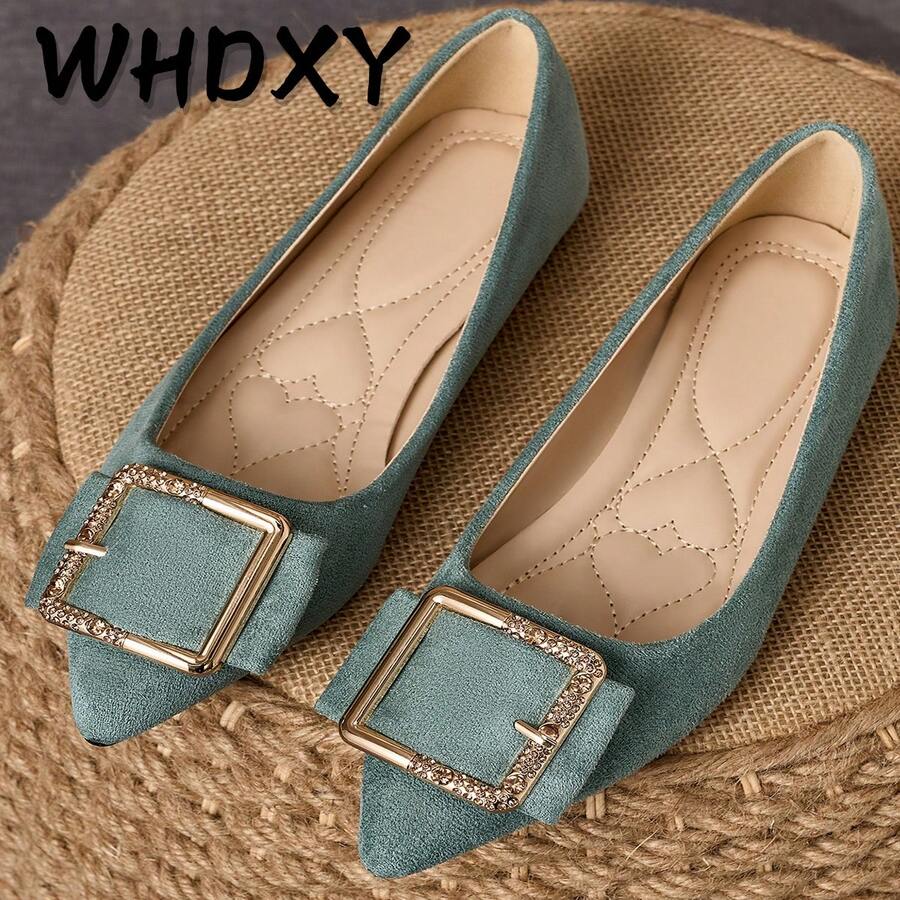 WHDXY 女士复古薄荷绿麂皮尖头鞋，配金属水钻搭扣，适合搭配连衣裙和裤子 - 薄荷綠 - 查看 1