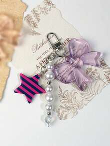 1pc Unisex INS Style Acrylic Bowknot & Star Pendant Keychain, Fashionable Minimalist Bag Charm - Multicolor - View 2