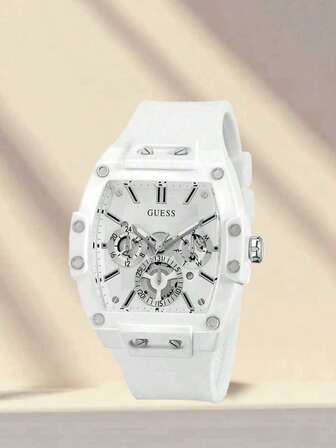 Guess Phoenix GW0203G2 多功能男士石英表，白色硅胶表带，桶形表盘，休闲腕表，适合日常街头风格和运动穿着，时尚男士礼物，理想的圣诞礼物送给男友