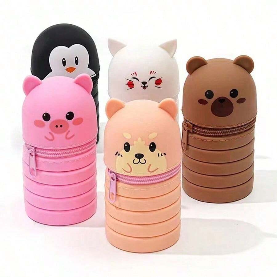 1/2/5pcs Foldable Cartoon Silicone Pencil Case, Heart-Shaped Cat, Dog, Bear, Soft Expandable Pencil Pouch, 2 Styles: Straight Tube, Foldable - Multicolor - View 1