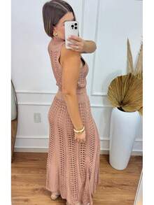 Women's Knit Cropped Set SOFIA Beige New Long Lace Skirt Women's Dress Chic Summer Look - 新米色 - 查看 3