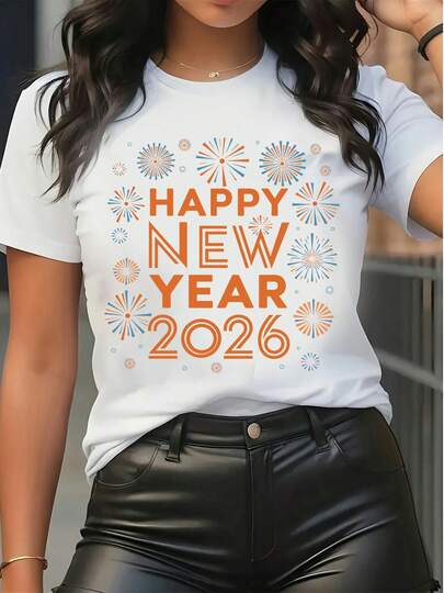 Women's Happy New Year 2026 Graphic Print Short Sleeve T Shirt Casual Crew Neck Tee Top Festive Firework Printed Holiday Party Tshirt For Women