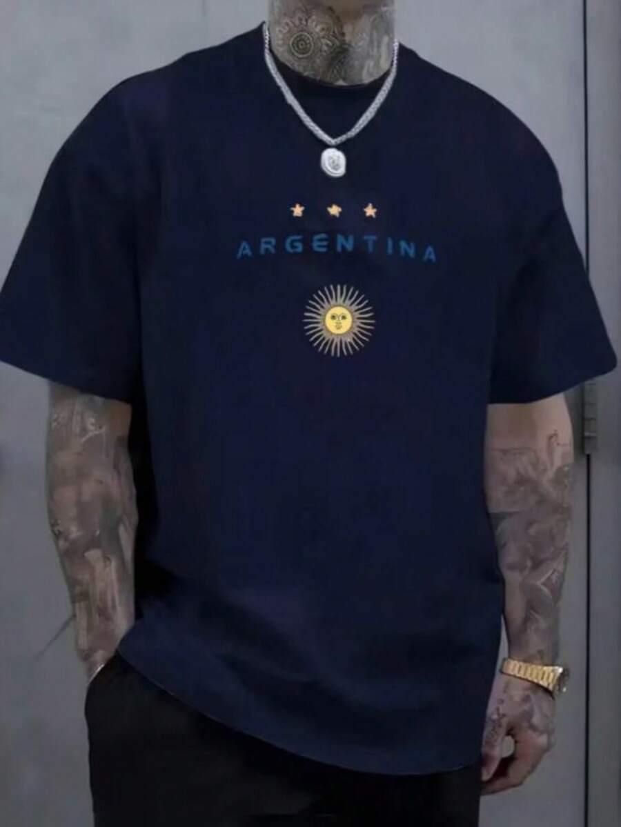 Argentina Men's T-Shirt, Printed Cotton Shirt, Casual Fashion, Premium Knit Blouse, Argentina National Team, World Cup, Sport - 藏蓝色 - 查看 1