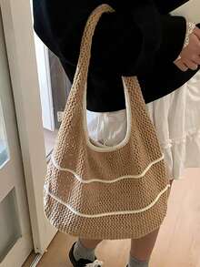 Yogodlns 春夏编织手提包，多巴胺色单肩/腋下包，休闲镂空沙滩包，纯色针织单肩包，极简撞色钩针手提包，百搭镂空休闲编织手提包 - 卡其色 - 查看 3