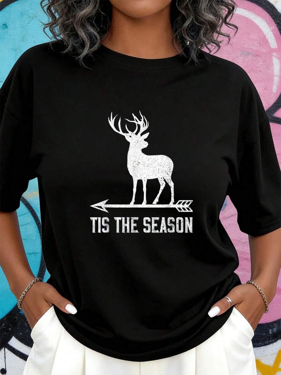 Das ist die Jahreszeit Lustiges Hirsch Bogen Jagd T-Shirt Damen T-Shirt Grafik T-Shirts Crop Tops Outfits Tops T-Shirt 628J - Schwarz - Übersicht 1
