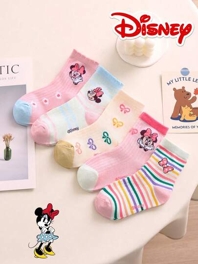 5 Pairs Disney Minnie Mouse Pattern Candy Color Lace Trim Gift Children's Mid-Calf Socks, Overall Cute Style, Suitable For Sweet Style, Adorable Distinctive Disney Pattern, Fashionable Casual Breathable Student Socks For Autumn/Winter, Suitable For Daily Wear, Back To School, Holiday Gifts