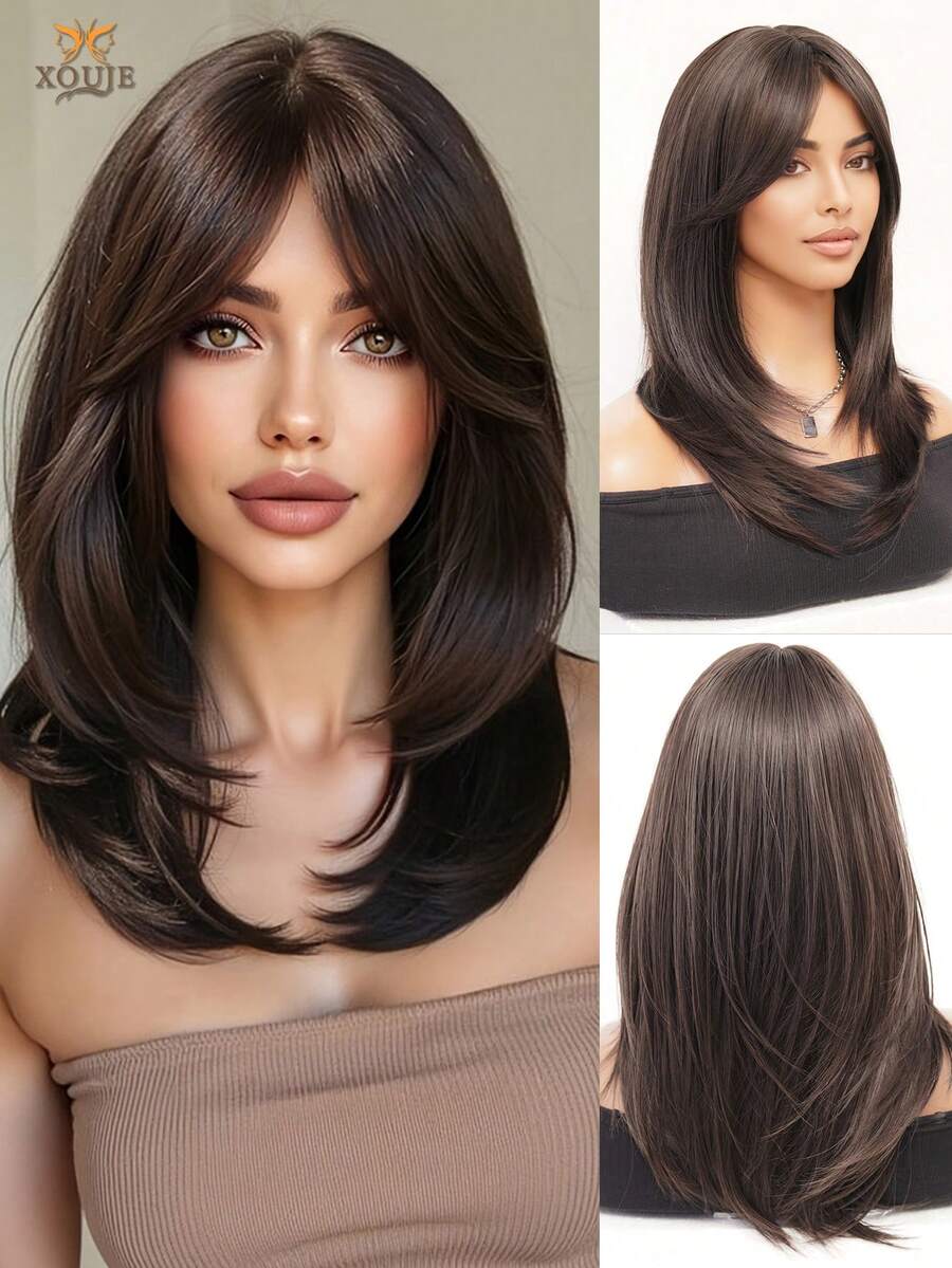 XOUJE 20英寸深棕色直发层次刘海假发，女士柔软易造型合成纤维假发，完美适用于日常佩戴、简约优雅、派对、工作、角色扮演和节日庆典。 - 棕色 - 查看 1