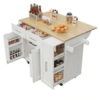 Moderna Kücheninsel, Küchenschrank, buffetschrank, Speisewagen mit Holzmaserung, Multifunktionale Esstisch mit Speicherraum, Speisewagen mit Snackregalen und Stretchfunktionsschränken,weiß