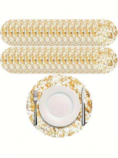 6片装一次性金色餐垫，金属圆形13英寸金色箔网压制桌垫，金色桌布，适用于餐桌装饰、婚礼用品、新娘送礼会回礼、派对装饰、周年纪念装饰、订婚宴装饰