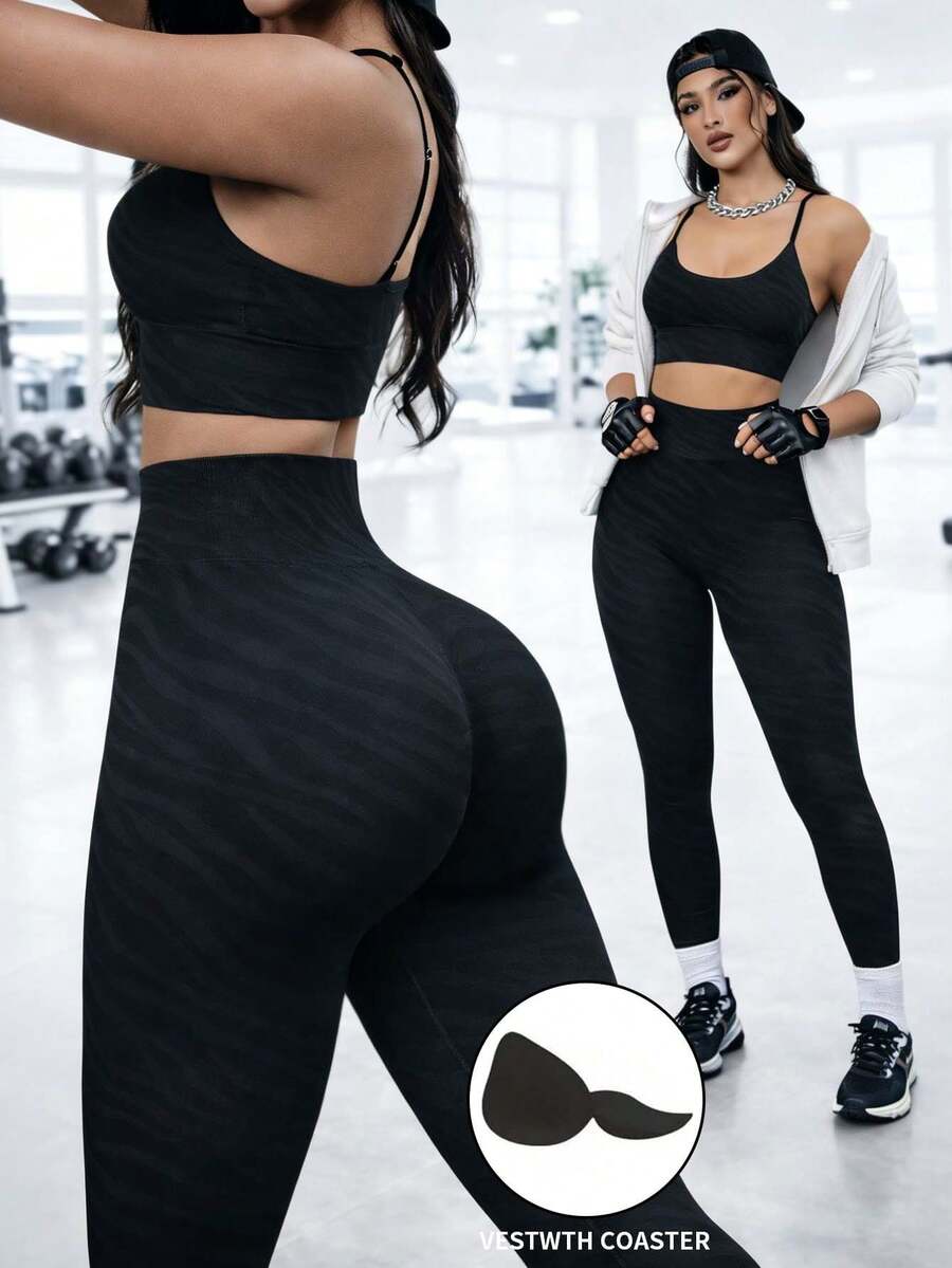 1 Set Spring/Summer/Autumn/Winter Yoga Sports Fashion Outfit, 2-In-1 With Built-In Cup Holder, Casual Layering Camisole & 3/4 Leggings, Outdoor Cycling Women Apparel, Solid Color Seamless Fitted Set - Black - View 1
