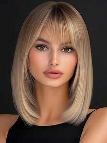 Women'S Basic Bob With Bangs, White Ombre Synthetic Wig, Matte Finish, High-Temperature Fiber, Rose Net Cap, Natural Look - Multicolor - View 1
