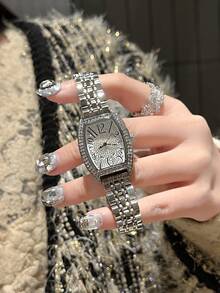 Reloj elegante de mujer con rhinestones, esfera pequeña, correa de acero inoxidable, resistente al agua - Cinturón de acero con concha plateada - Ver 9