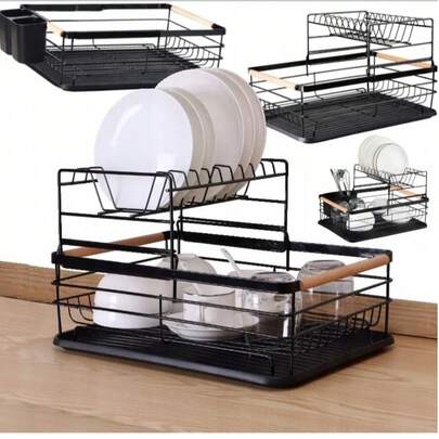 Multifunctioneel keukenrek, staand afdruiprek met lekbak, droogrek voor serviesgoed, opbergrek voor waterbekers, kommen, borden, eetstokjes, messen en snijplanken, ruimtebesparend afneembaar afdruiprek - plastic afdruiprek, geschikt voor keukens, campers, caravans en vouwwagens, afdruiprek voor de gootsteen, dubbellaags afdruiprek met bestekrek, afneembaar droogrek met lekbak, opberg- en organisatieset voor keukengerei.