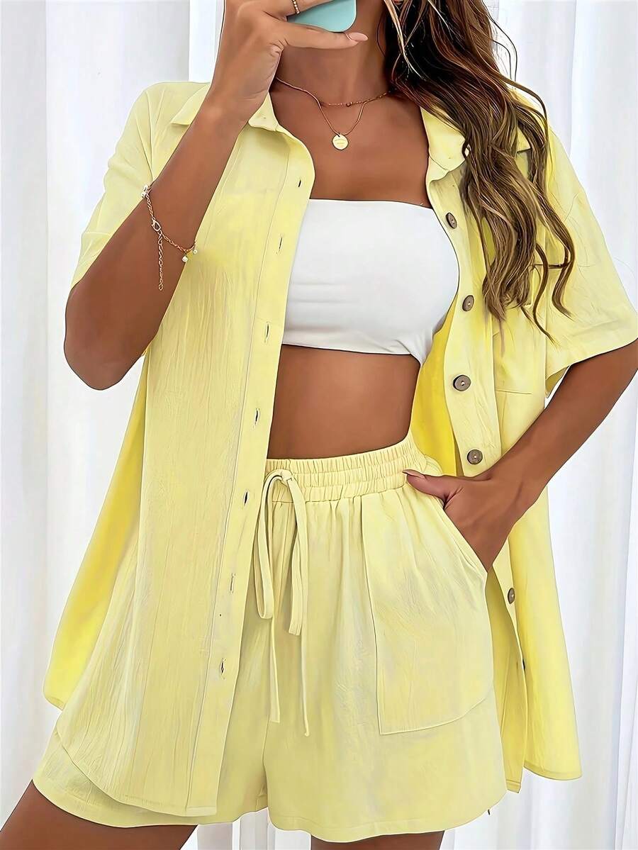 Áo sơ mi nữ dáng rộng thoải mái, phối cùng quần short thắt nơ. - Màu Mù tạt vàng - Xem 1