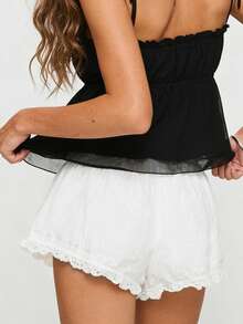 Women's Summer Casual Lounge Shorts Elastic Waistband Lace Trim Low Waist Shorts - White - View 7