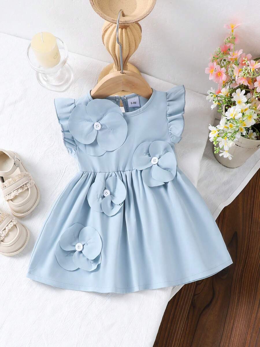 1pc Baby Girl Cute Flutter Sleeve Dress, Thin Summer Style - Baby Blue - View 1