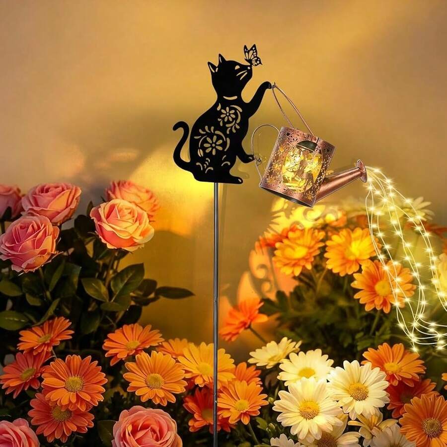 Solar Watering Can Lights,Outdoor Hanging Solar Lights Lantern,Cat Lover Gifts For Mom Women Birthday Mother's Day,Garden Waterproof Garden Decor Patio Yard Pathway Backyard (Cat-Solarlight) - 黑貓 - 查看 1