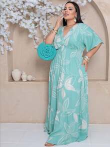 Vestido Longo Plus Size Decote V Manga Curta - Estampado Verde NV - Visão 4