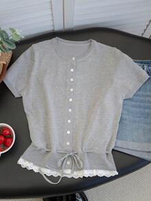 Grey Knit Cardigan Short Sleeve Women Slim Fit Collegiate Style Summer Round Neck Lace Patchwork Thin Top With Drawstring Hem - Grey - View 6