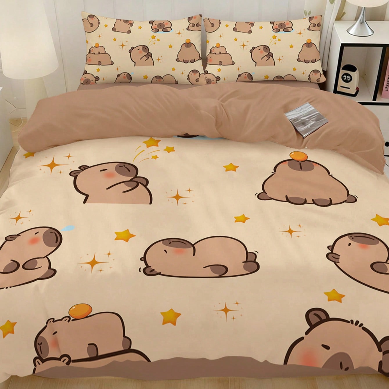 Juego de ropa de cama de 2/3 piezas, con patrón lindo de capibara, suave y cómodo, transpirable, adecuado para todas las estaciones, se ajusta a cam