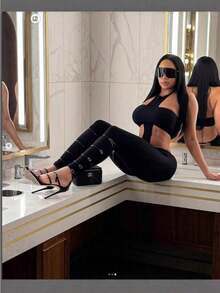 Sexy Waist Hollow Jumpsuit Nightclub Spice Style Slim Slim And Thin Spice Girl Tight Slim Tube Top Neck Trousers Two-Piece Set - 黑色 - 查看 5