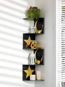 1pc 5-Tier Corner Floating Shelf, Wall-Mounted Black Plastic Storage Rack, Drill-Free Triangular Design, Multifunctional Wooden Display Shelf For Living Room, Bedroom, And Bathroom - An Ideal Choice For Home Office And Decoration, Practical Shelving, Utility Racks - Black - View 7