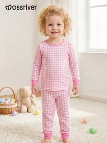 MOSSRIVER Girls Bamboo Pajamas - Soft Easter Bunny & Carrot Print Long Sleeve Sleepwear - Gift Idea, All Seasons - 淺粉色 - 查看 2