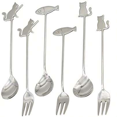 6 PCS Cat Fish Spoon And Fork Cute Coffee Animal Spork 5.8 Inch 18/10 Stainless Steel Teaspoon Dessert Drink Sugar Spoons Fruit Forks Tableware In Silver